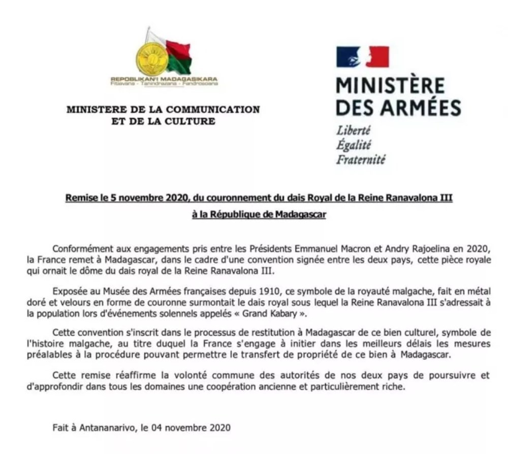 Fransa Kraliçe III. Ranavalonana'ya ait tacı 123 yıl sonra iade etti 