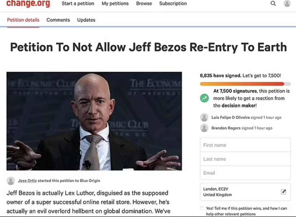 Bezos'un Dünya’ya dönmesini engellemek için imza kampanyası başlatıldı