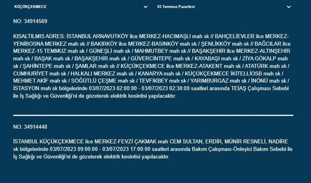 İstanbul'un 12 ilçesinde elektrik kesintisi yaşanacak