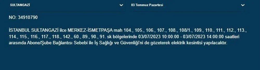 İstanbul'un 12 ilçesinde elektrik kesintisi yaşanacak