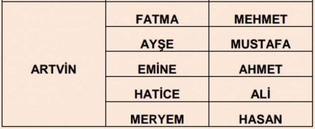 İllere göre en çok kullanılan isimler