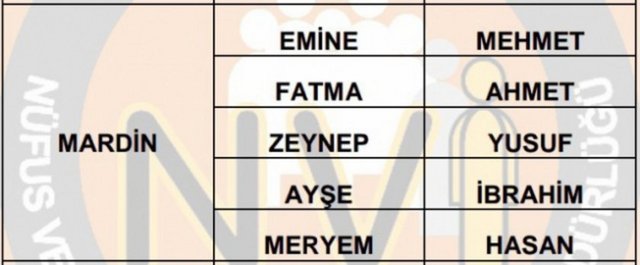 İllere göre en çok kullanılan isimler